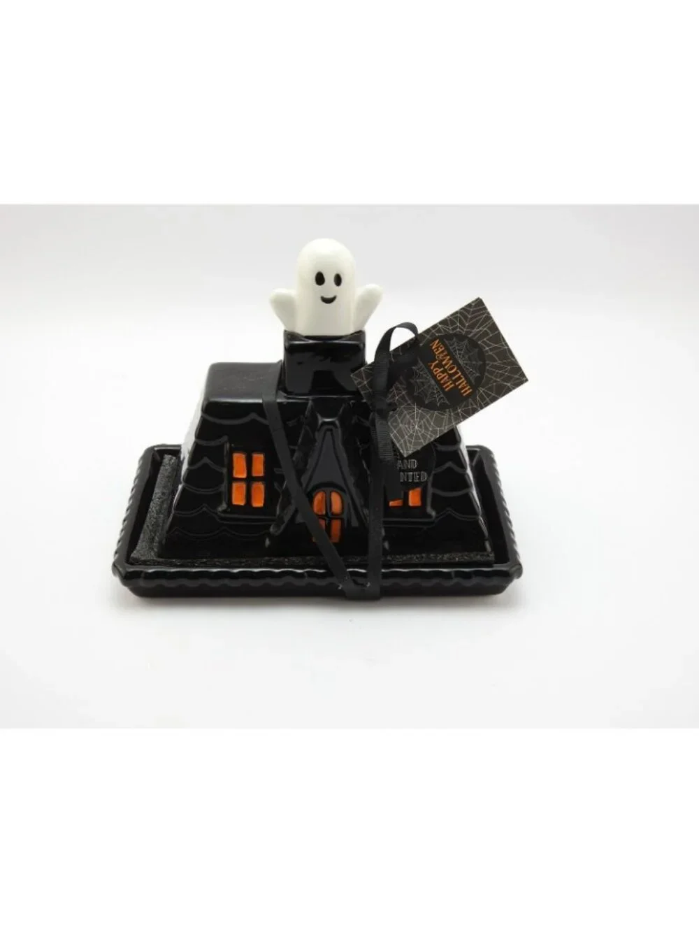 Halloween Haunted House Ghost Ceramic Butter Dish Black Orange Hand Painted NWT